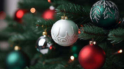 Christmas tree with elegant baubles on blurred background. Copy space for text