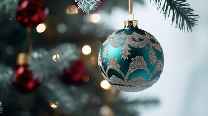 Christmas tree with baubles on blurred lights background, closeup. Copy space for text