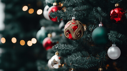 Obraz premium Christmas tree decorated with red and white baubles, closeup. Copy space for text
