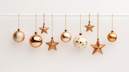 Golden Christmas balls and stars on a white background. Copy space image
