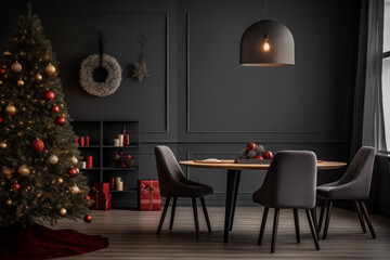 Christmas living room interior with christmas tree and decorations. Black interior