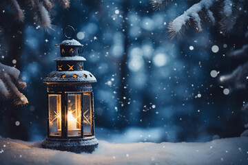 Illuminated Christmas lantern on snow, with light snowfall and fir trees, blurred background with bokeh, evening scene, Christmas Holidays illustration