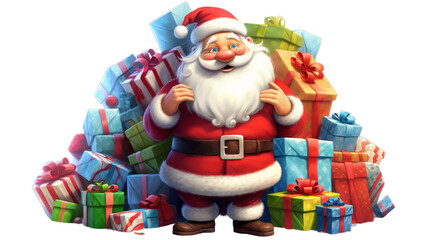 Closeup of santa claus with christmas gifts, isolated on transparent background, Generative ai