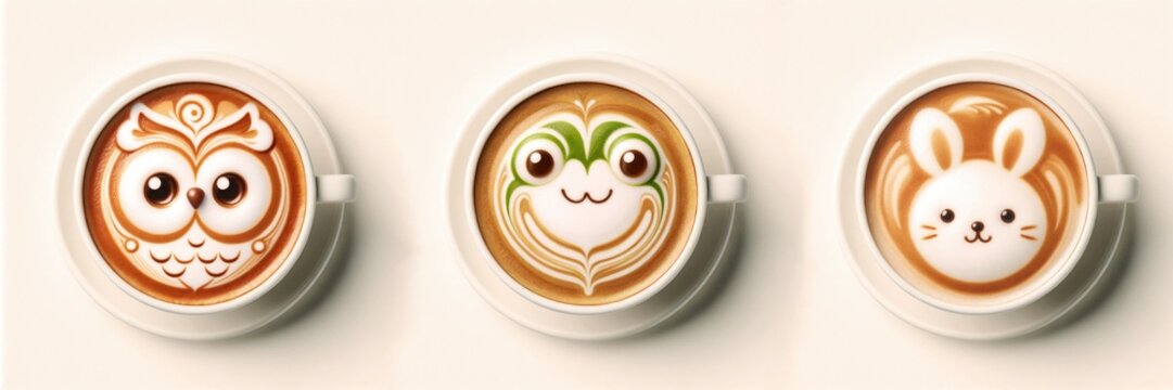 Set of hot coffee cup latte with animals cute face, latte art milk foam coffee  isolated on white background, top view
