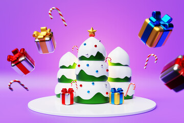 3D illustration of a   christmas tree and  gifts. Christmas greetings.