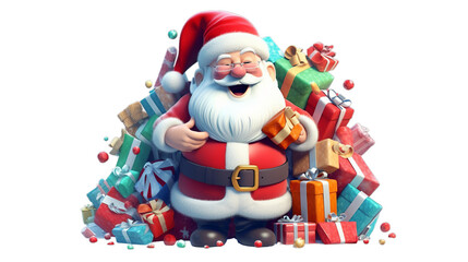 Closeup of santa claus with christmas gifts, isolated on transparent background, Generative ai