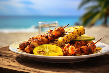 A beachfront grill offering a jerk chicken skewers with pineapple - obrazy, fototapety, plakaty