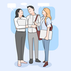 office worker standing talking discussing planning taking a break smiling laugh 