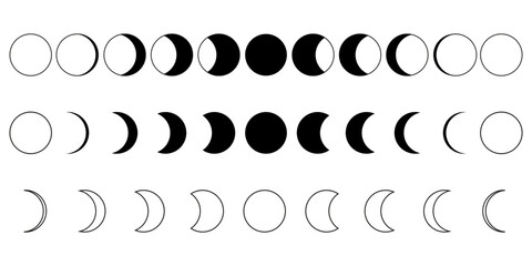 Moon phase. Stages of the full moon. Lunar cycle black icons set. Vector illustration. EPS 10. - obrazy, fototapety, plakaty