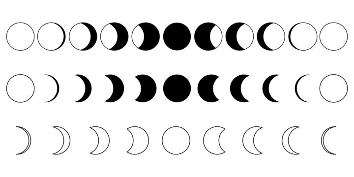 Moon phase. Stages of the full moon. Lunar cycle black icons set. Vector illustration. EPS 10.
