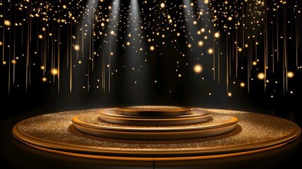Elegant stage with golden sparkling lights and glitter, perfect for award ceremonies and grand events.