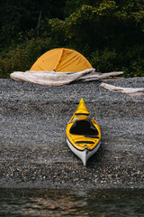 Kayak at camp on Cypress Island in the San Juan Islands in Northwest Washington