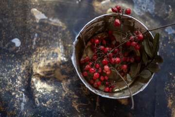 vaso de plástico conteniendo frutitos rojos silvestres secos sobre mesa de trabajo manchada de...