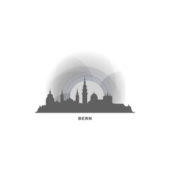 Obraz premium Bern cityscape skyline city panorama vector flat logo, modern icon. Switzerland emblem idea with landmarks and building silhouettes, isolated clipart at sunset, sunrise, night
