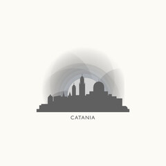 Catania cityscape skyline city panorama vector flat logo, modern icon. Sicily Italy region emblem idea with landmarks and building silhouettes, isolated clipart at sunset, sunrise, night