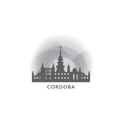 Cordoba cityscape skyline city panorama vector flat logo, modern icon. Argentina emblem idea with landmarks and building silhouettes, isolated clipart at sunset, sunrise, night