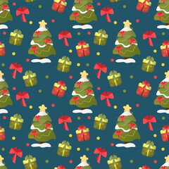 Seamless pattern of winter Christmas trees on snow. Vector New Year background. Blue texture with Christmas tree and gifts for print, paper, design, fabric, decoration, gift wrapping.