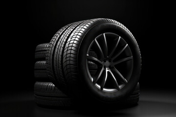 A neat stack of three tires, a perfect pattern of black rubber. Quality automotive equipment is AI Generative.