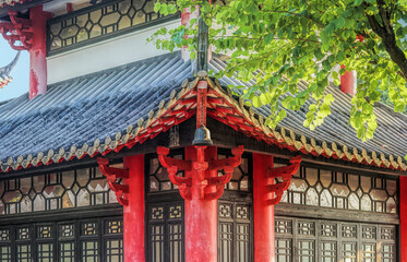 Zhongshan park is located at the waterfront of Fenjiang river, in the Chancheng district of Foshan city, Guangdong Province, China. Architectural detail of Qunying Pavillion.    