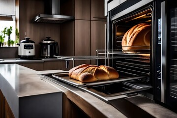 Homemade baking. Open door at electric oven with air ventilation and tray full of whole fresh loaf. Side view of modern technology appliance against kitchen furniture on copy space background 