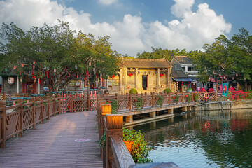 Guangzhou city, Guangdong Province, China. Lingnan Impression Garden integrates sightseeing,...