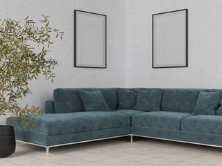 Mockup black framed poster with an empty picture  living room with vertical sofa in 3D rendering image.