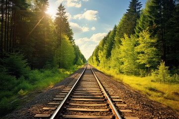 Fototapeta premium Cargo train tracks in a tranquil forest, offering a historical view of the blend between nature and transportation. AI Generative.