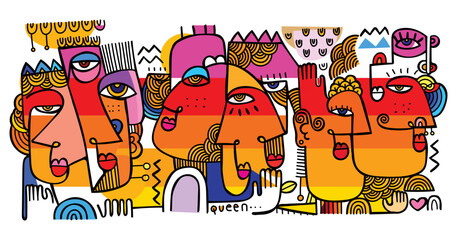 Group of abstract face portrait hand drawn line, doodle vector illustration art print.