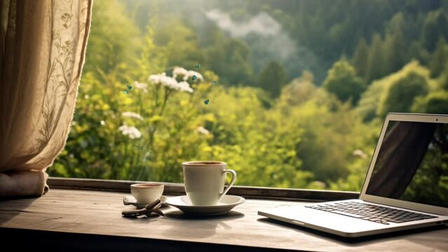 cup of coffee and laptop at the window with nature view in summer. Seamless looping time-lapse virtual video animation background. Generated AI