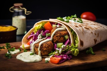 Tortilla wrap with falafel and fresh salad. Vegan tacos. Vegetarian healthy food. - obrazy, fototapety, plakaty
