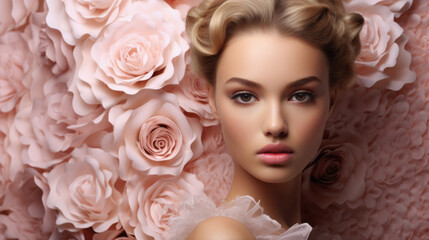 Studio portrait of a blond female fashion model standing in front of a backdrop of pink roses. 