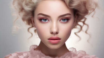 Fototapeta premium Closeup studio portrait of a female fashion model with blond hair standing in front of a plain backdrop.