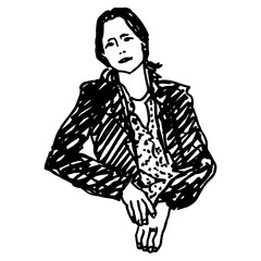 Closeup portrait of a seated lady. Beautiful sad woman with folded hands. Hand drawn linear doodle rough sketch. Black and white silhouette.