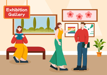 Exhibition Visitors Viewing a Gallery with Modern Abstract Painting at Contemporary in Exposition Hall in Flat Cartoon Background Vector Illustration