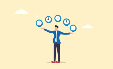 productivity expert or timer countdown, expertise concept, confidence businessman expert juggling clock in difference time. Time management, punctuality or work deadline, schedule plan or reminder.