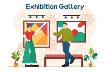 Exhibition Visitors Viewing a Gallery with Modern Abstract Painting at Contemporary in Exposition Hall in Flat Cartoon Background Vector Illustration