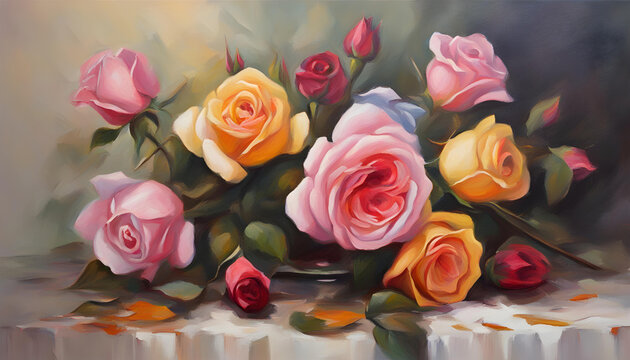 oil painting with colorful roses