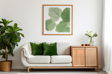 Cozy spring living room interior with a mock-up poster frame, wooden sideboard, white sofa, green stand, leafy plants, and stylish lamp. Warm and inviting home decor composition.