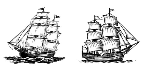Pirate ship sailboat set, old wooden ships, warship longboat, ancient sailboat, vector illustration.
