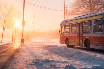 bus and icy bus stop in winter morning. harsh life in Canada.