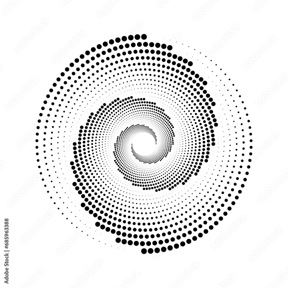 Aufkleber dotted spiral lines element. radial spinning halftone texture. circle swirl dots shape. abstract geo