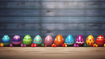 Fototapeta na wymiar easter background - colorful painted easter eggs in a row in front of a wooden backgound