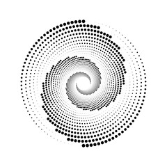 Dotted spiral lines element. Radial spinning halftone texture. Circle swirl dots shape. Abstract geometric background for poster, banner, logo, icon, collage, tattoo, tag, emblem. Vector illustration