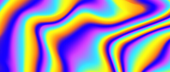 Fototapeta premium Psychedelic iridescent background. Bright neon holographic wallpaper. Purple blue yellow wavy fluid gradient texture. Saturated acid trippy backdrop for banner, poster, brochure, overlay. Vector