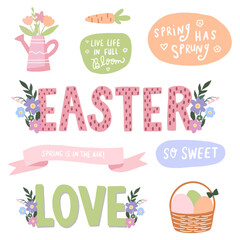 Naklejka premium Happy Easter, set of vector design elements. Easter cute bunny with colored eggs. Adorable Easter bunny with traditional holiday decor and calligraphy lettering. Set of Easter signs.
