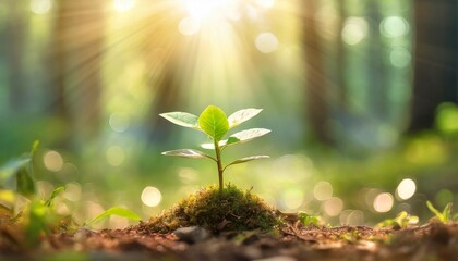 small plant growing out of its from a sunshine forest with the sun shining background; ecology concept and sustainable environment safe ecosystems - obrazy, fototapety, plakaty