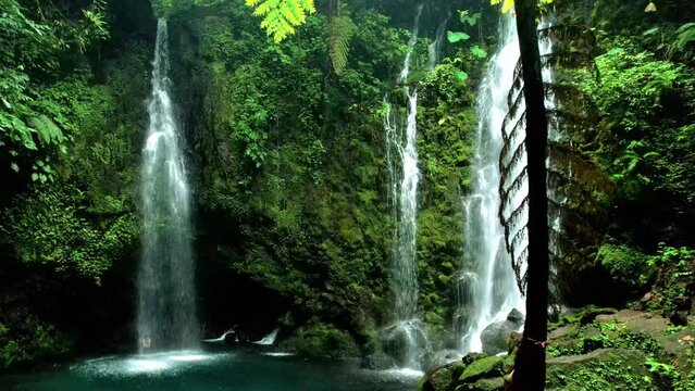 aerial view of the Proklamator waterfall in Tanah Datar Regency, West Sumatra