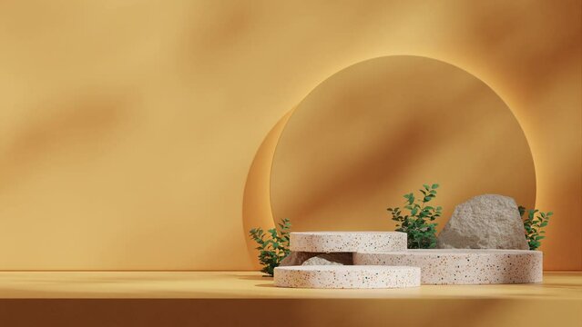 cylinder terrazzo podium seamless loop shadow animation with backlit yellow circle background, rendering 3d footage empty scene
