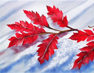 Crimson Contrast: Red Leaves Gracefully Adorn a Snowy Canvas, Digital Art.