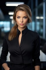 Naklejka premium Portrait of young attractive caucasian female office worker in formal business suits smiling at camera in office with blurry office as background.